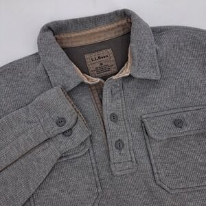 LL Bean Mens Medium Gray Waffle Knit Pullover Shirt Fleece Lined Button